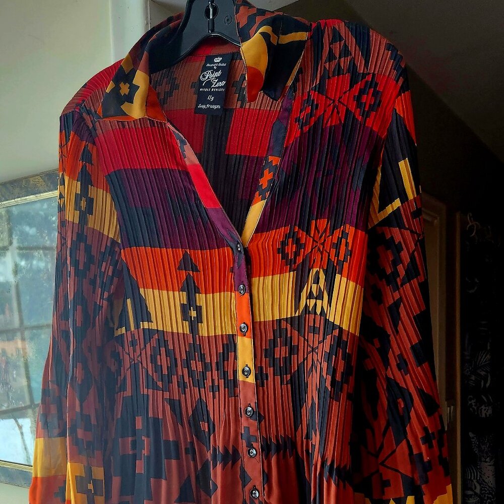 Gorgeous Vintage Boho Tribal pattern, sheer Point Zero pleated collar Sz L